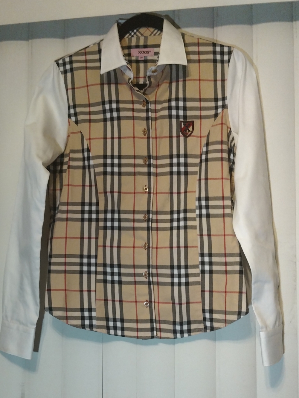 XOOS Beige Plaid Burberry Style Button-Front Shirt with Elbow Plaid Patch